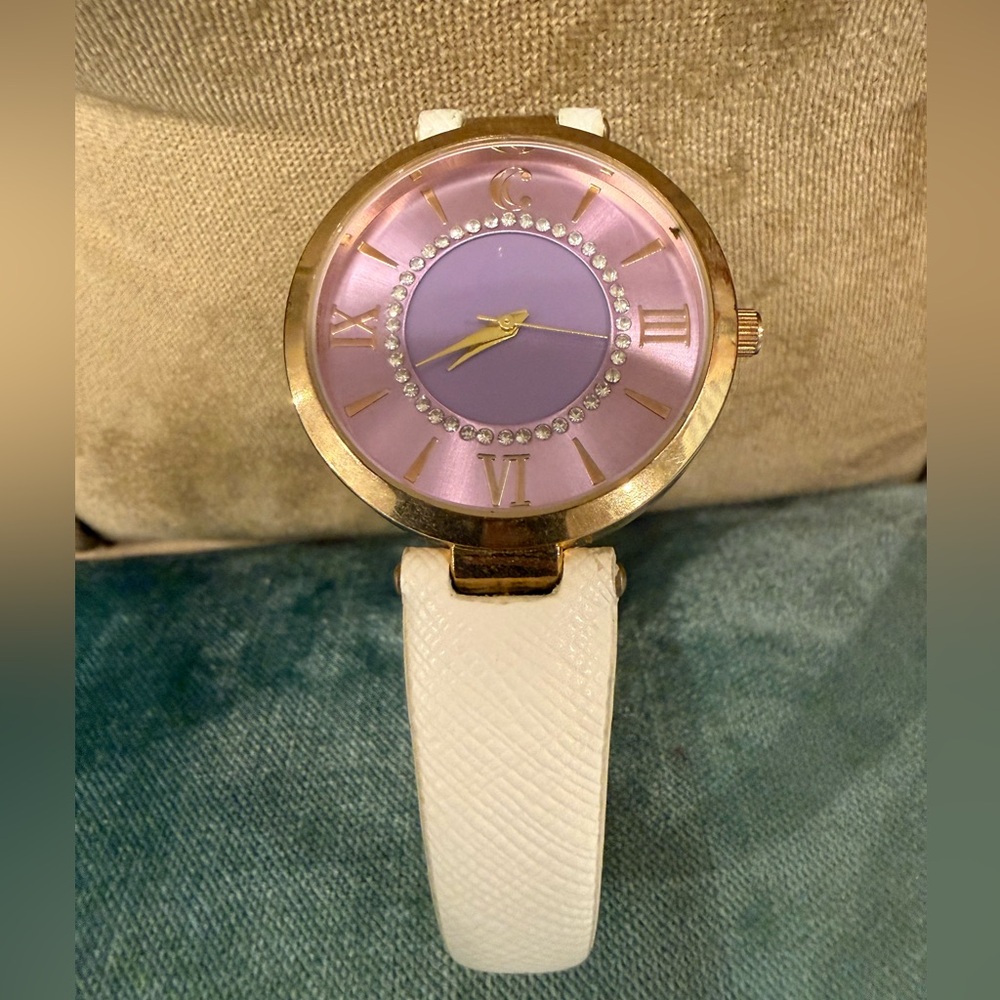 Charming Charlie Women’s Gold-Tone Watch – Purple Dial & Rhinestone Bezel